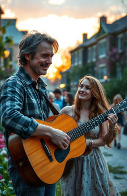 A captivating scene from a romance novel, featuring a handsome, charismatic guitarist professor in his fifties, playing an acoustic guitar on a charming college campus