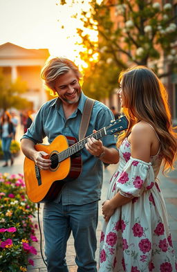 A captivating scene from a romance novel, featuring a handsome, charismatic guitarist professor in his fifties, playing an acoustic guitar on a charming college campus