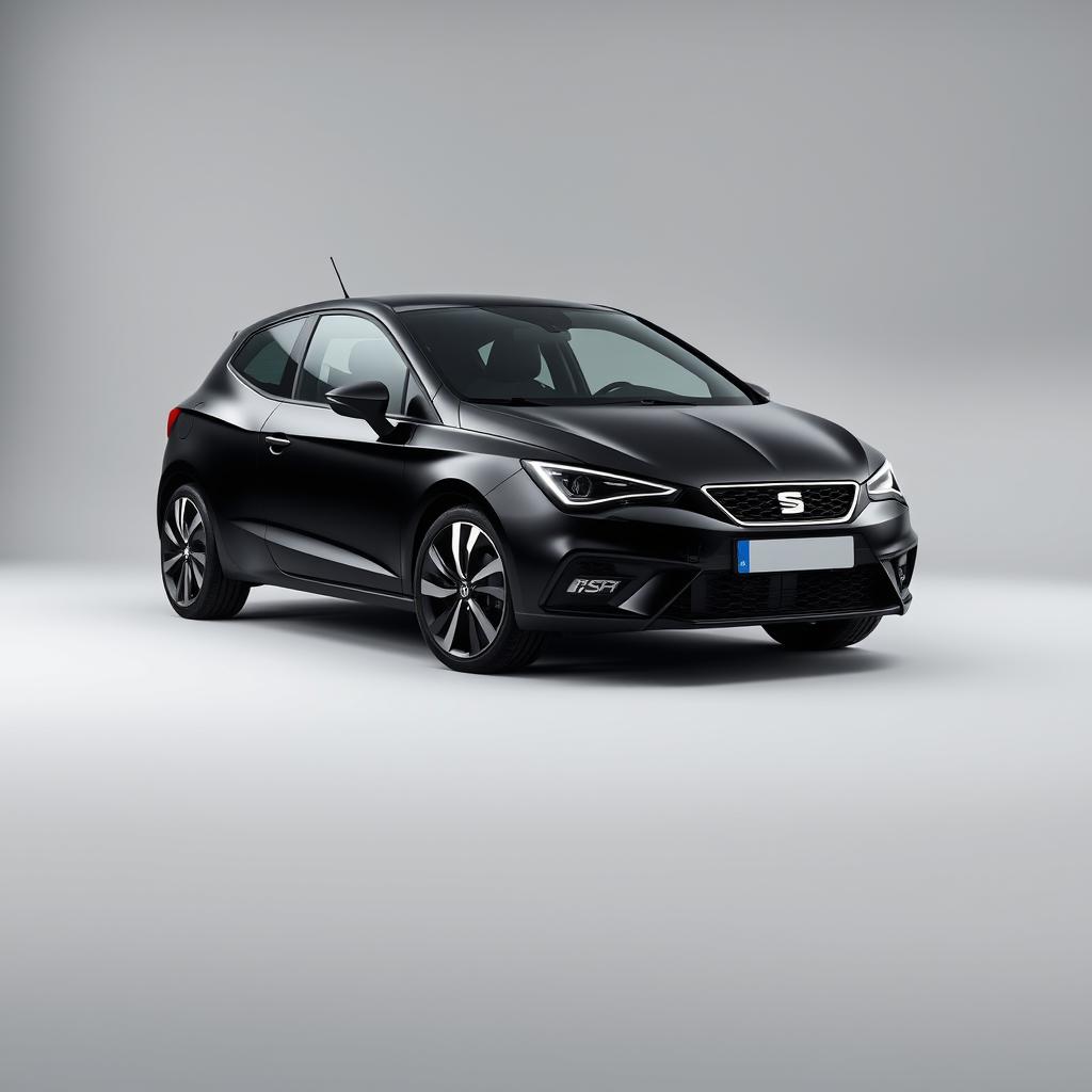 A striking Seat Ibiza featuring a sleek black exterior, positioned elegantly against a smooth grey background