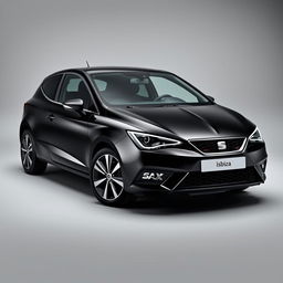 A striking Seat Ibiza featuring a sleek black exterior, positioned elegantly against a smooth grey background