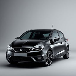 A striking Seat Ibiza featuring a sleek black exterior, positioned elegantly against a smooth grey background