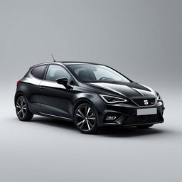 A striking Seat Ibiza featuring a sleek black exterior, positioned elegantly against a smooth grey background