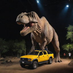 Visitors embarking on a thrilling tour around the electrified enclosure of the Tyrannosaurus Rex in specially designed, secure vehicles. Gazing in wonder at the towering beast, they feel both its awe-inspiring grandeur and palpable danger.