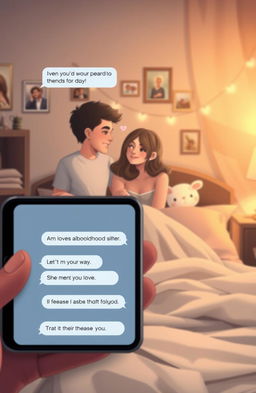 A heartwarming and romantic digital artwork depicting childhood friends falling in love, showcasing their text message conversations on a smartphone screen