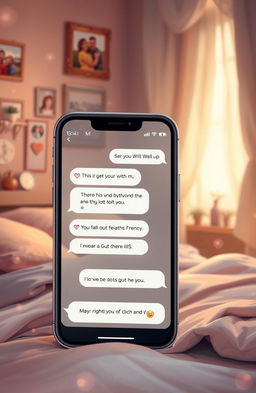 A heartwarming and romantic digital artwork depicting childhood friends falling in love, showcasing their text message conversations on a smartphone screen