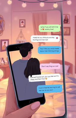 A heartwarming and romantic digital artwork depicting childhood friends falling in love, showcasing their text message conversations on a smartphone screen