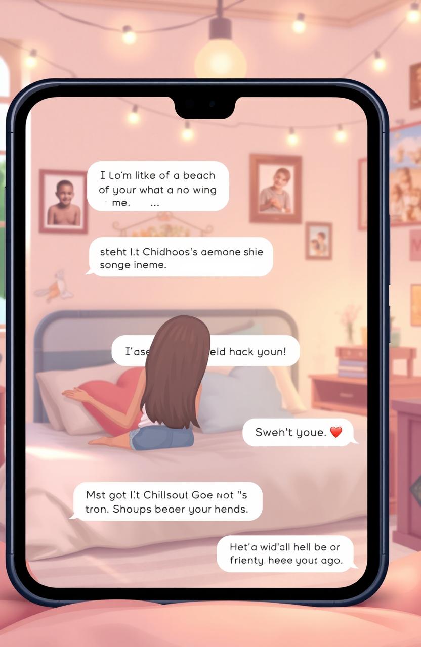 A heartwarming and romantic digital artwork depicting childhood friends falling in love, showcasing their text message conversations on a smartphone screen