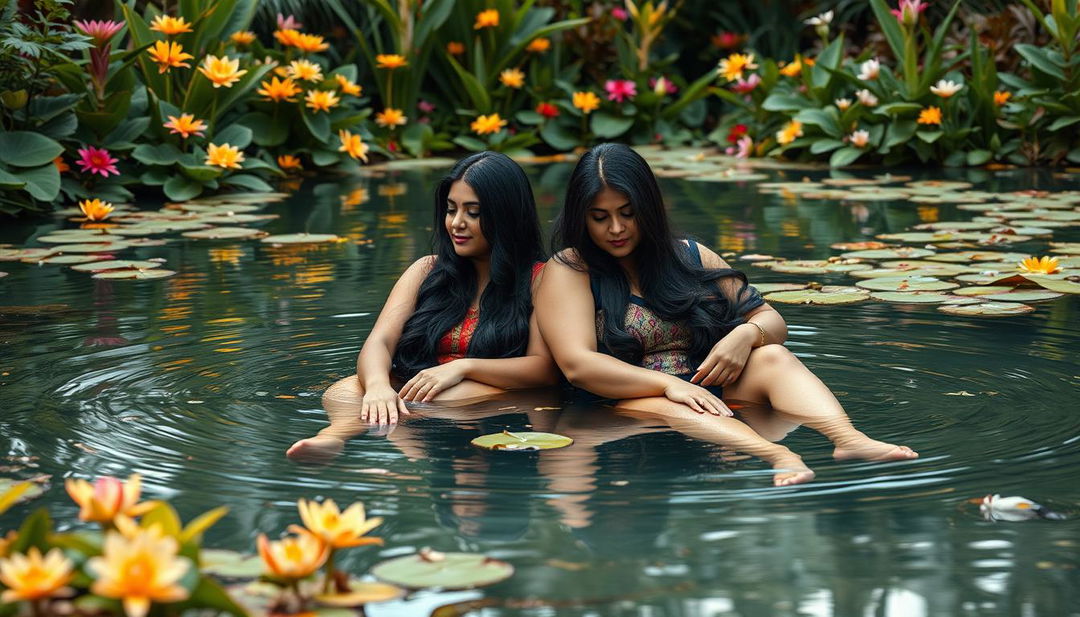 Two beautiful Indian ladies in their mid-30s, with long black hair and voluptuous figures, sit gracefully in the shallow waters of a tranquil wildlife pond