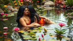 Two beautiful Indian ladies in their mid-30s, with long black hair and voluptuous figures, sit gracefully in the shallow waters of a tranquil wildlife pond