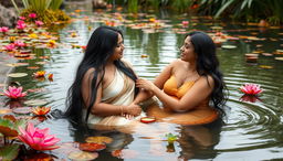 Two beautiful Indian ladies in their mid-30s, with long black hair and voluptuous figures, sit gracefully in the shallow waters of a tranquil wildlife pond