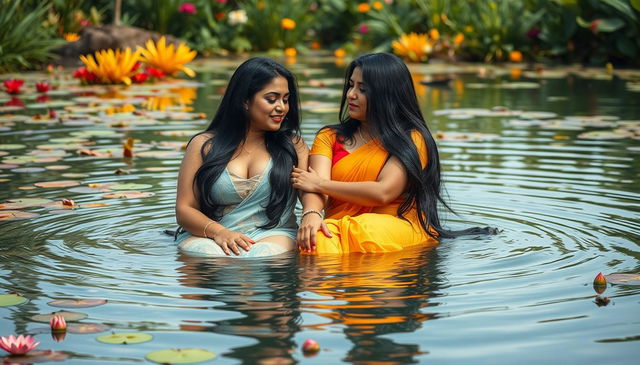 Two beautiful Indian ladies in their mid-30s, with long black hair and voluptuous figures, sit gracefully in the shallow waters of a tranquil wildlife pond