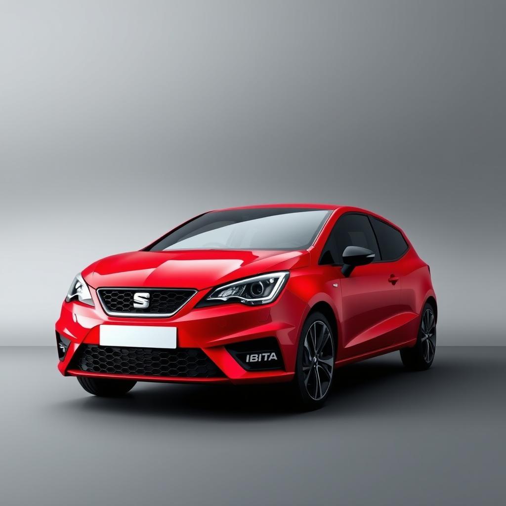 A striking red Seat Ibiza featuring a bold and sleek exterior, positioned elegantly against a smooth grey background