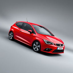 A striking red Seat Ibiza featuring a bold and sleek exterior, positioned elegantly against a smooth grey background