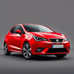 A striking red Seat Ibiza featuring a bold and sleek exterior, positioned elegantly against a smooth grey background