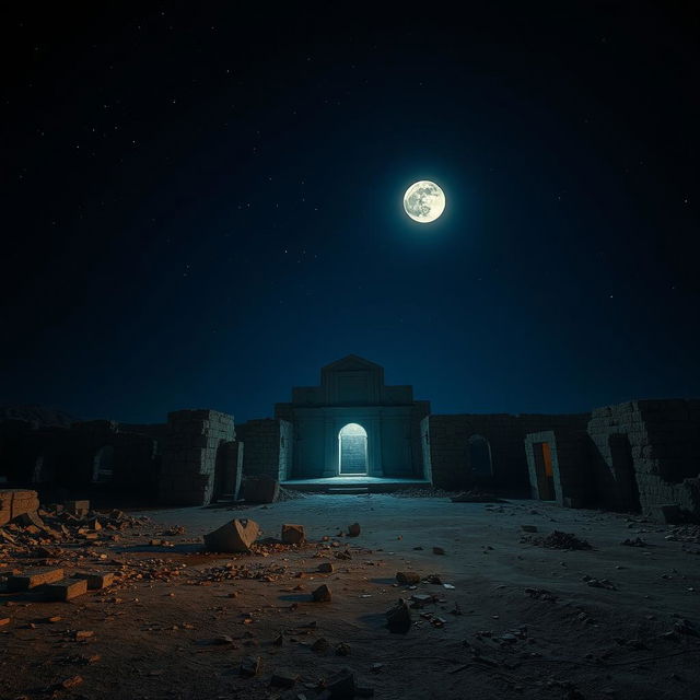 A nighttime scene of a ruined pueblo illuminated by a full moon, with the moonlight casting a soft glow over an ancient cathedral in the center