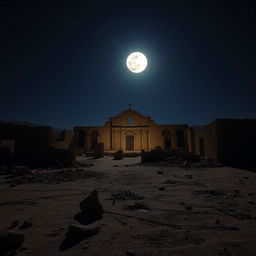 A nighttime scene of a ruined pueblo illuminated by a full moon, with the moonlight casting a soft glow over an ancient cathedral in the center