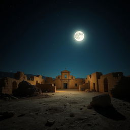 A nighttime scene of a ruined pueblo illuminated by a full moon, with the moonlight casting a soft glow over an ancient cathedral in the center