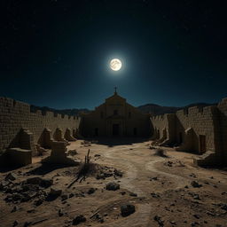 A nighttime scene of a ruined pueblo illuminated by a full moon, with the moonlight casting a soft glow over an ancient cathedral in the center