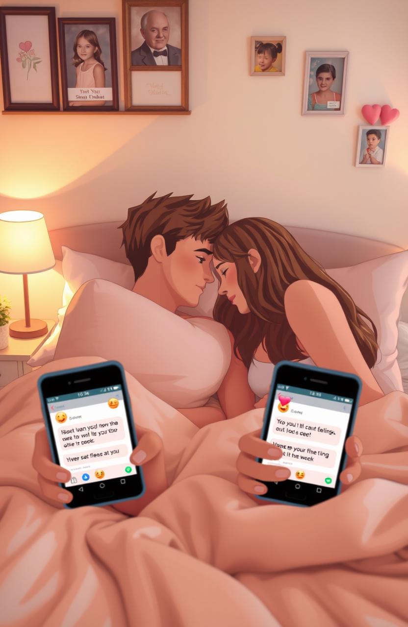 A romantic scene depicting two childhood friends who have developed feelings for each other, illustrated through their text messages