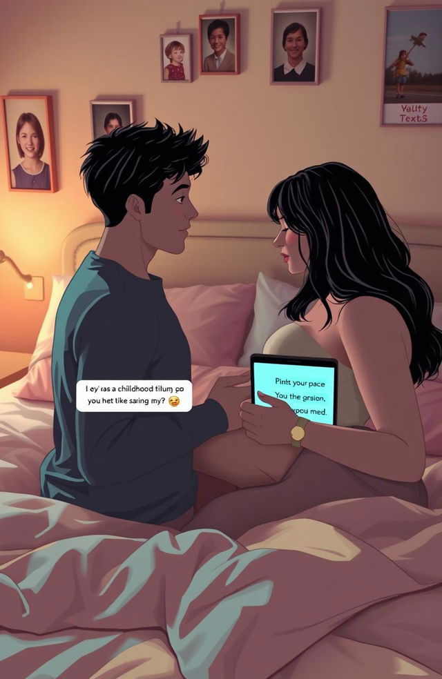 A romantic scene depicting two childhood friends who have developed feelings for each other, illustrated through their text messages