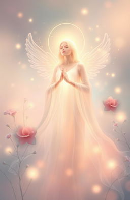 A serene and ethereal representation of a Healing Spirit, depicted as a delicate, luminous figure surrounded by glowing, soft colors