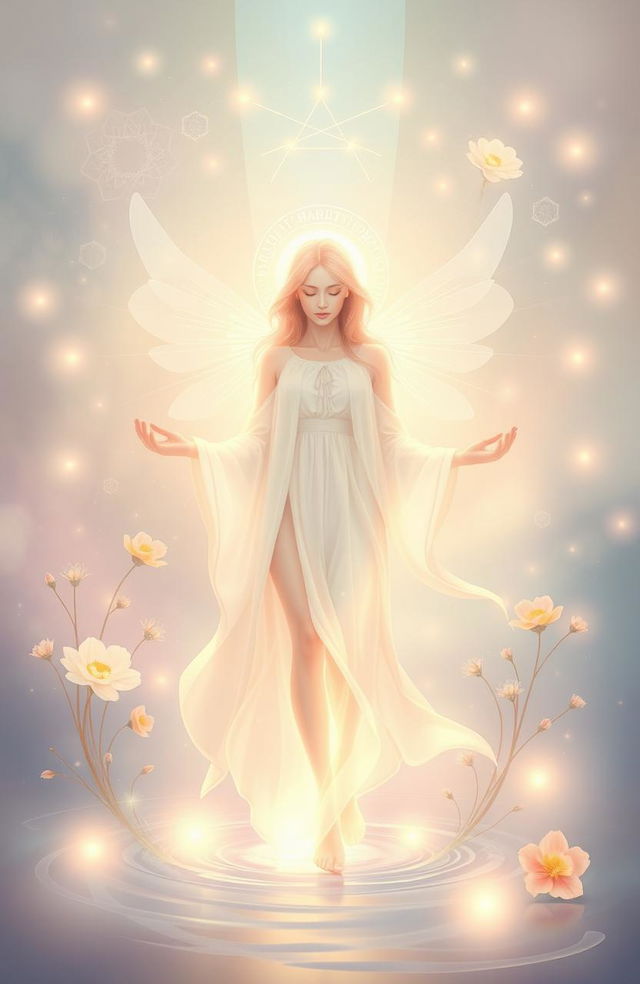 A serene and ethereal representation of a Healing Spirit, depicted as a delicate, luminous figure surrounded by glowing, soft colors