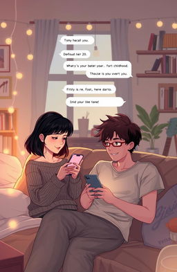 A romantic scene depicting two childhood friends communicating through their smartphones, sending heartfelt text messages to each other