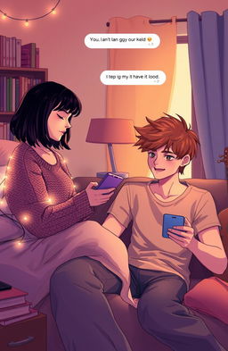 A romantic scene depicting two childhood friends communicating through their smartphones, sending heartfelt text messages to each other