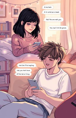 A romantic scene depicting two childhood friends communicating through their smartphones, sending heartfelt text messages to each other