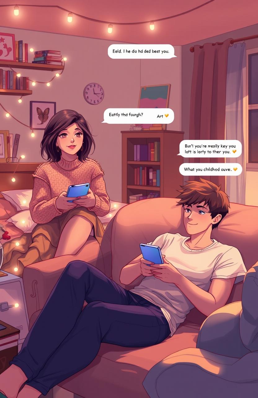 A romantic scene depicting two childhood friends communicating through their smartphones, sending heartfelt text messages to each other