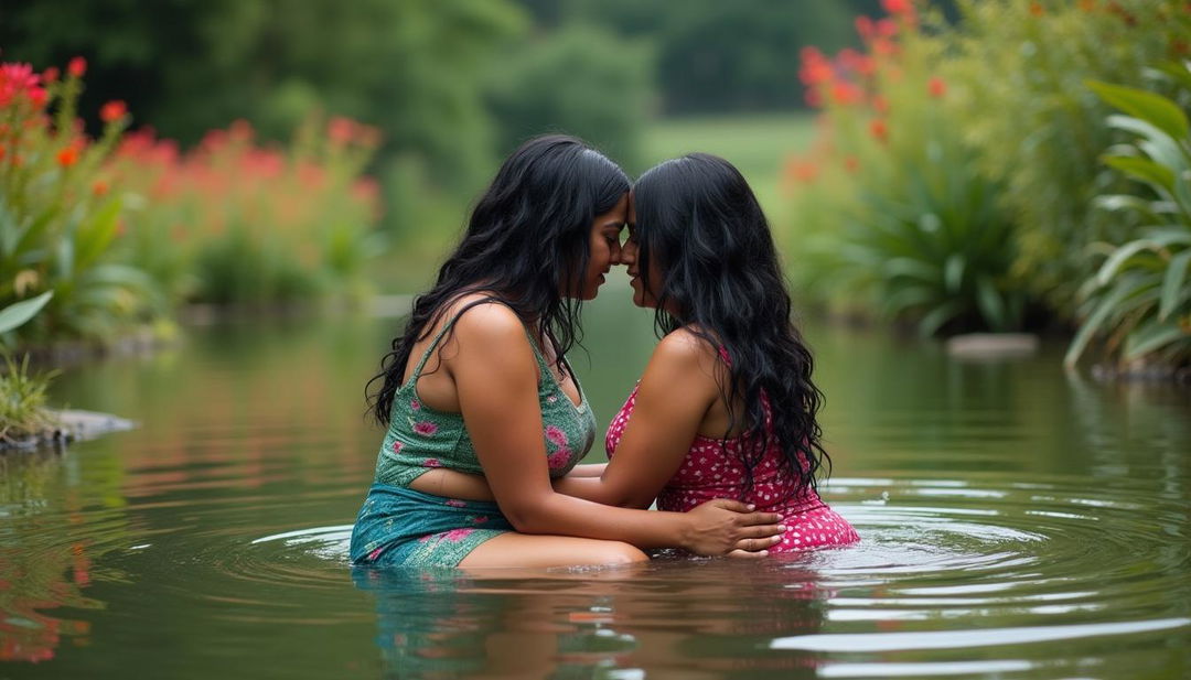 Two beautiful Indian ladies in their mid-30s, with luxurious black hair and curvy figures, are seated in the shallow waters of a tranquil wildlife pond