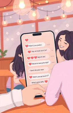 An illustration of a romantic scenario between two friends who are communicating through text messages