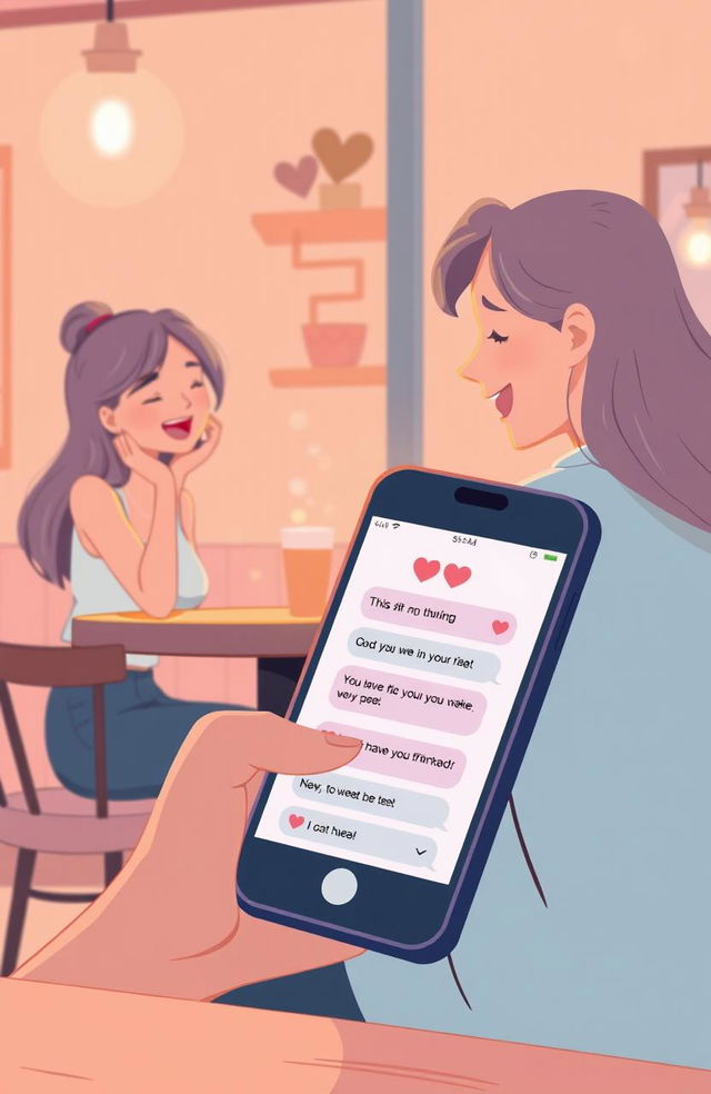 An illustration of a romantic scenario between two friends who are communicating through text messages