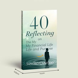 A book cover design measuring 14cm by 21cm, themed around '40 Days Reflecting on My Financial Life and Purpose' by author Sandro Candido