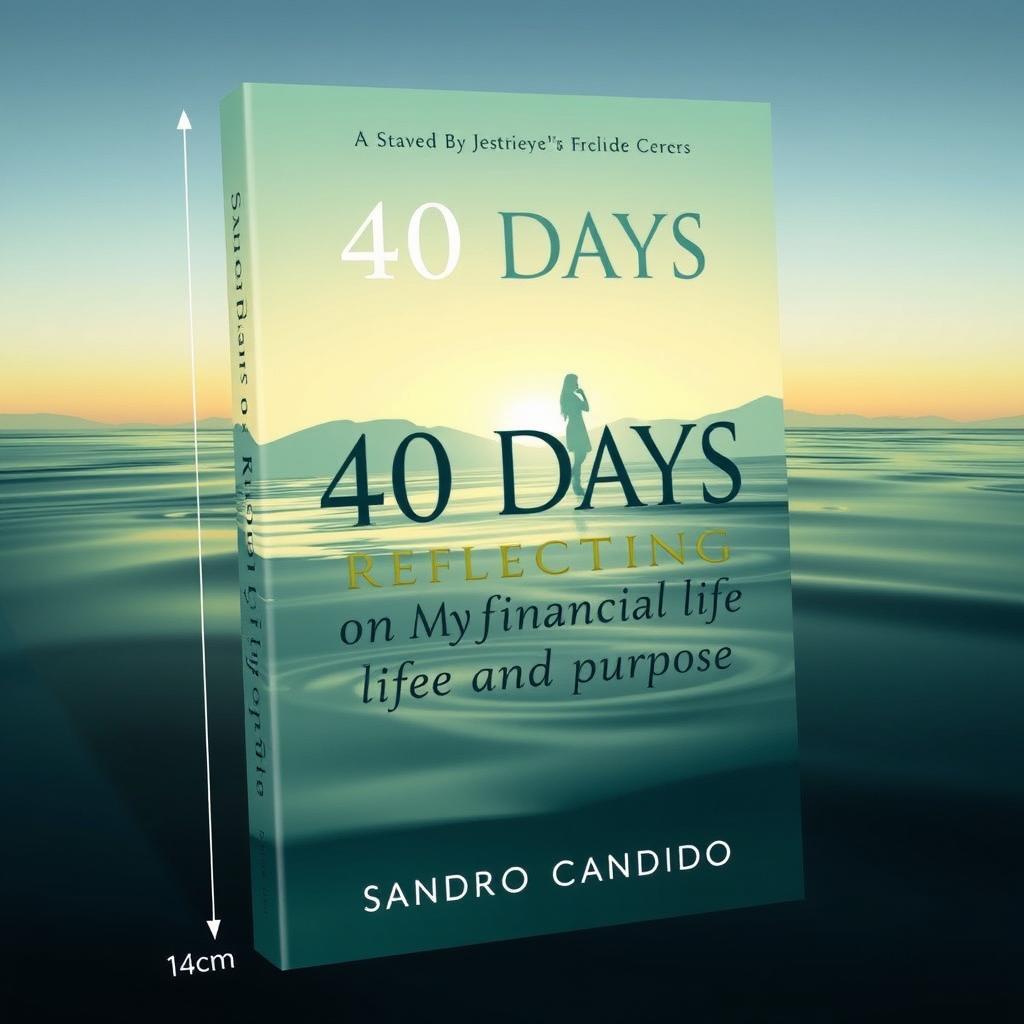 A book cover design measuring 14cm by 21cm, themed around '40 Days Reflecting on My Financial Life and Purpose' by author Sandro Candido