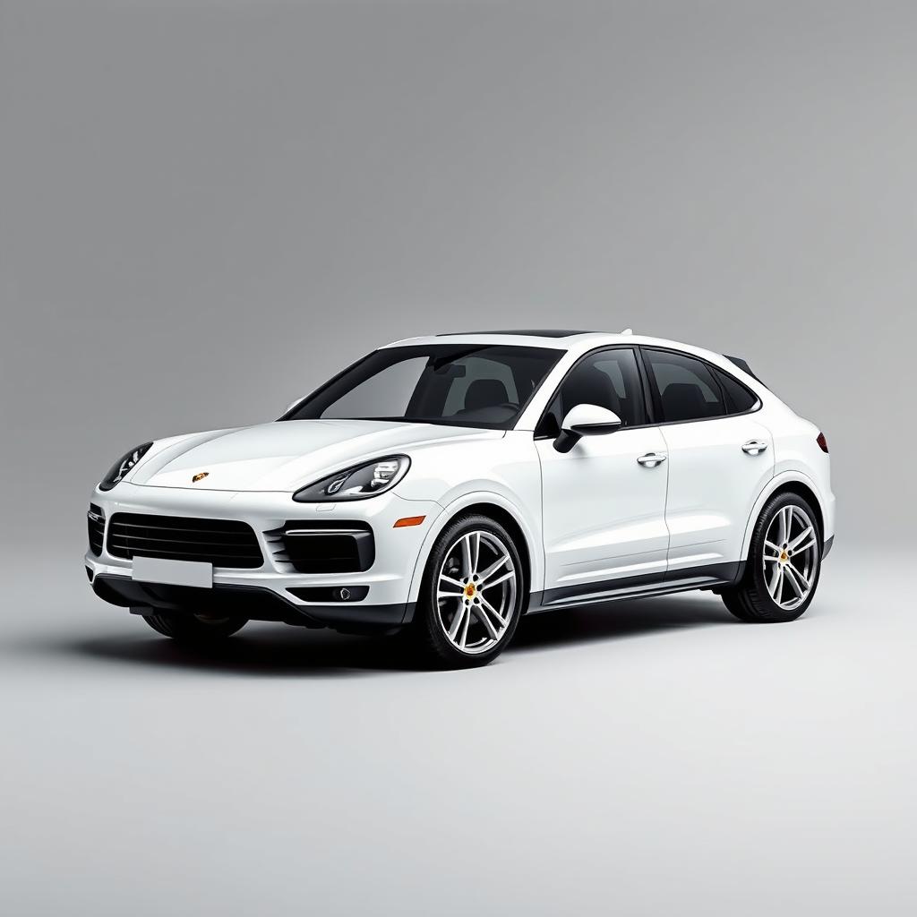 A striking Porsche Cayenne Coupé in a pristine white finish, showcasing silver and black wheels, elegantly positioned against a smooth grey background