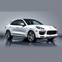 A striking Porsche Cayenne Coupé in a pristine white finish, showcasing silver and black wheels, elegantly positioned against a smooth grey background