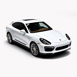 A striking Porsche Cayenne Coupé in a dazzling white finish, featuring sleek silver wheels