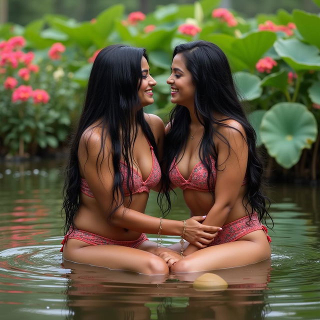 Two beautiful Indian ladies in their mid-30s, featuring long black hair and voluptuous figures, sit playfully in the shallow waters of a serene wildlife pond