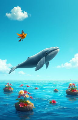 A whimsical scene depicting an unlikely love between a majestic whale and a colorful bird