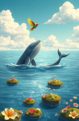 A whimsical scene depicting an unlikely love between a majestic whale and a colorful bird