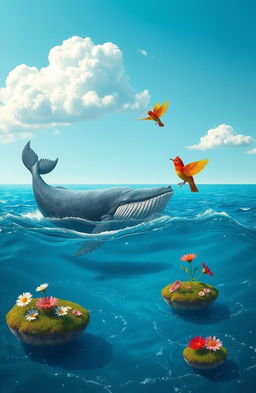 A whimsical scene depicting an unlikely love between a majestic whale and a colorful bird