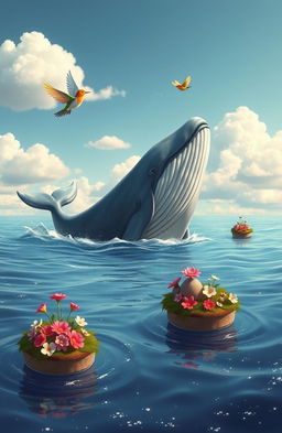 A whimsical scene depicting an unlikely love between a majestic whale and a colorful bird