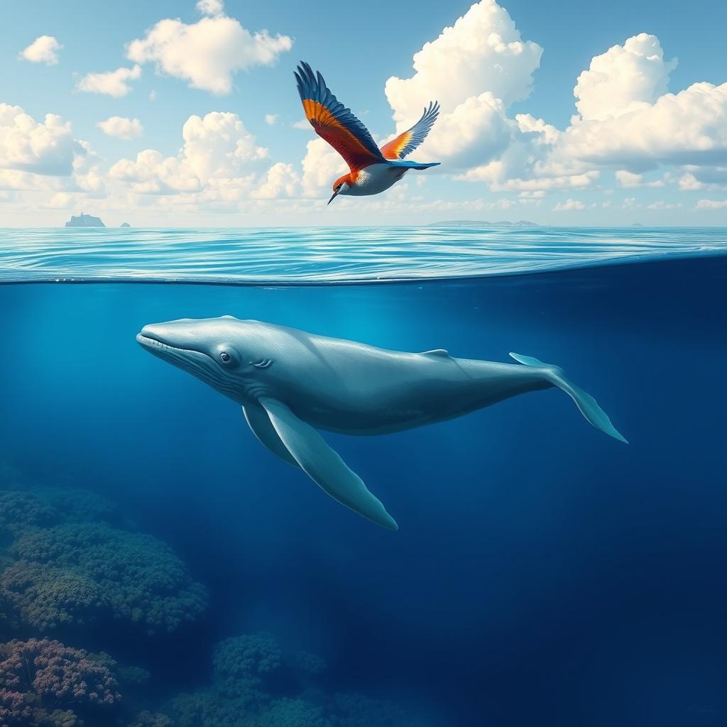 A romantic and enchanting scene illustrating the love between a gentle whale swimming in the deep blue sea and a graceful bird soaring above