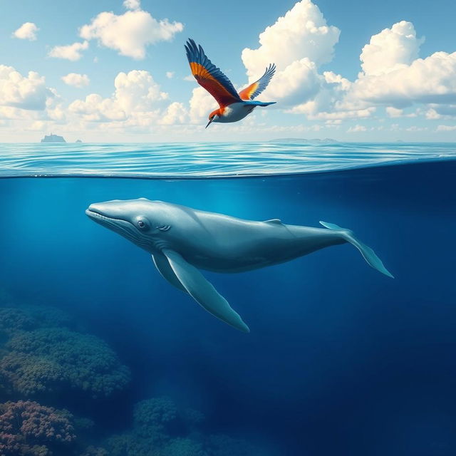 A romantic and enchanting scene illustrating the love between a gentle whale swimming in the deep blue sea and a graceful bird soaring above