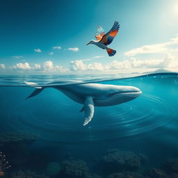 A romantic and enchanting scene illustrating the love between a gentle whale swimming in the deep blue sea and a graceful bird soaring above