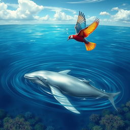 A romantic and enchanting scene illustrating the love between a gentle whale swimming in the deep blue sea and a graceful bird soaring above