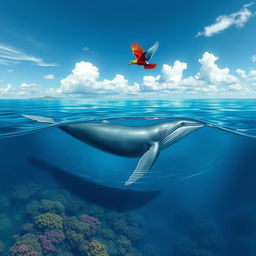 A romantic and enchanting scene illustrating the love between a gentle whale swimming in the deep blue sea and a graceful bird soaring above