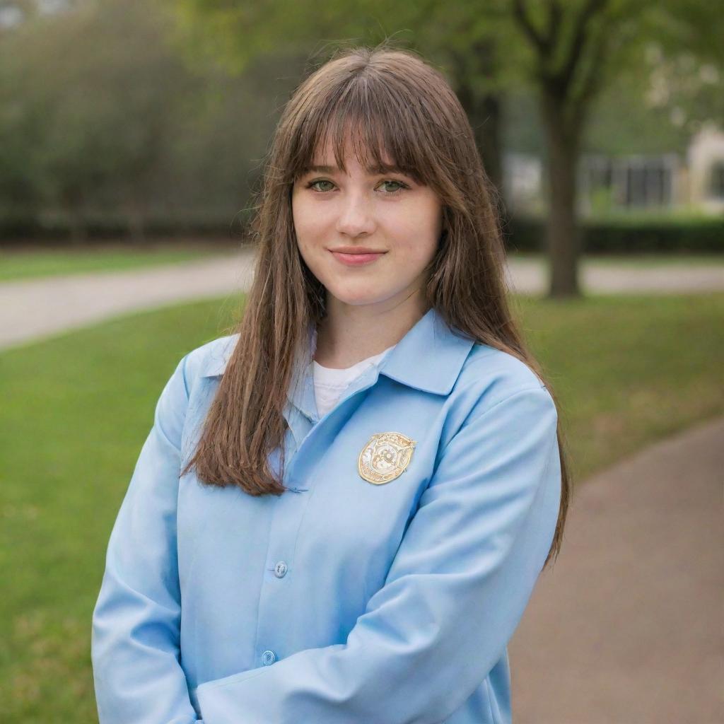 Charming young woman with long mid-length brown hair and front bangs. She has light rosy skin, hazel green eyes, a chubby body type, and an average height. She is dressed in a light blue university jacket uniform, embodying a sweet and gentle demeanor.