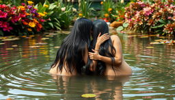 Two beautiful Indian ladies in their mid-30s, with flowing black hair and voluptuous figures, sit in the shallow waters of a serene wildlife pond, surrounded by a vibrant array of colorful plants and blooming flowers